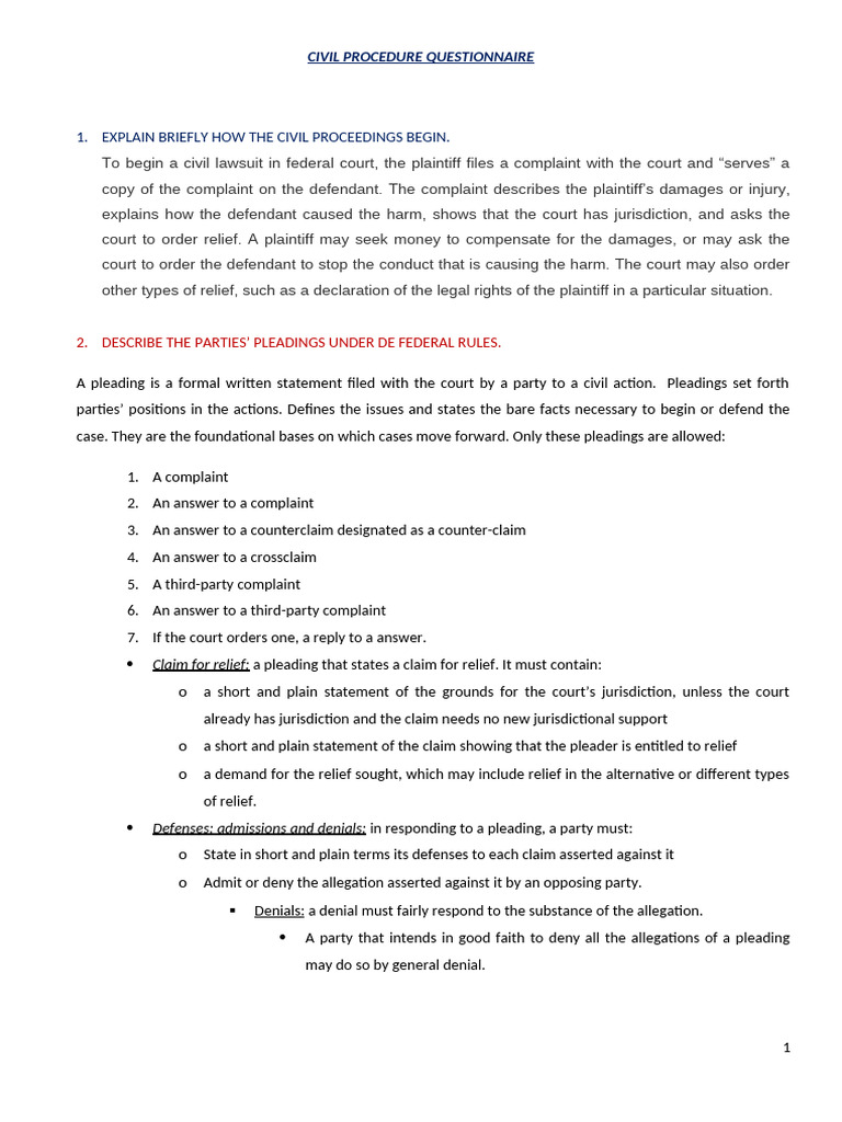 Civil Procedure Questionnaire | PDF | Deposition (Law) | Default Judgment