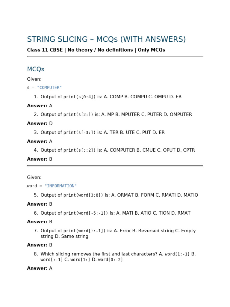 Worksheets - String Slicing (Beginner To Advanced) | PDF | Chess Theory ...