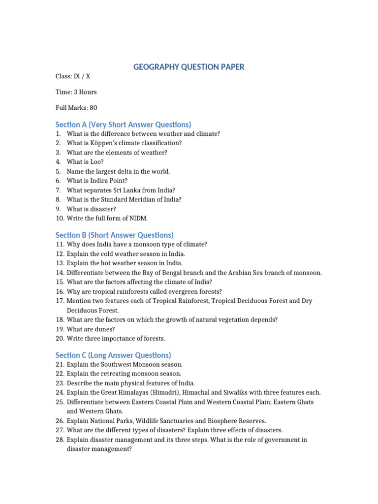 Geography Question Paper | PDF | Monsoon | Forests