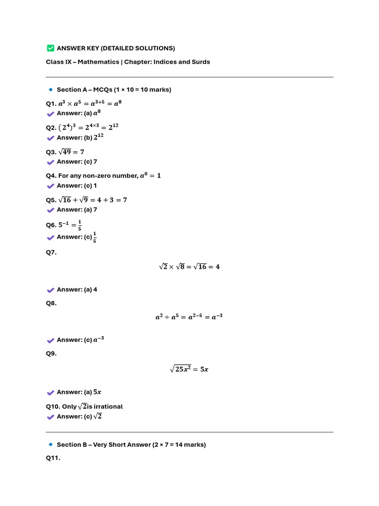 Answer Key Class 9 Mat Paper | PDF