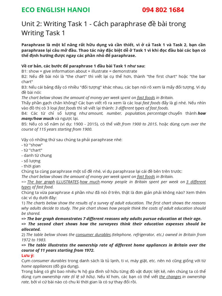 Unit 2 - Writing Task 1 - Cách Paraphrase Đề Bài Trong Writing Task 1 | PDF