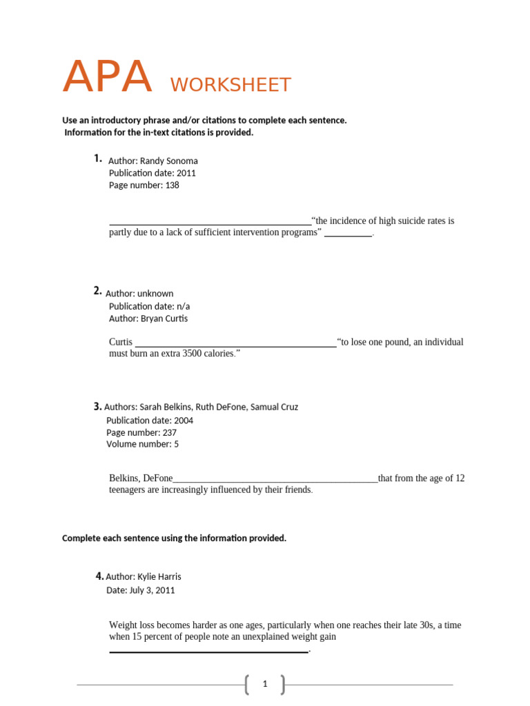 Apa Worksheet Activity 1 2 | PDF