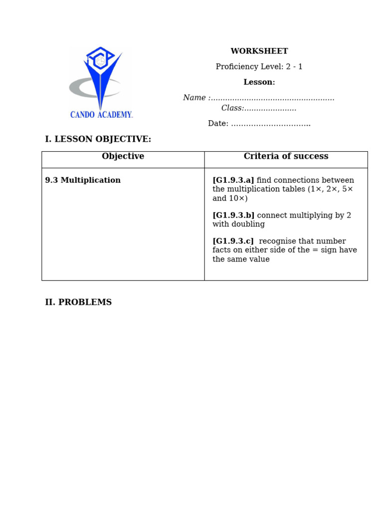I. Lesson Objective: Objective Criteria of Success: Worksheet | PDF