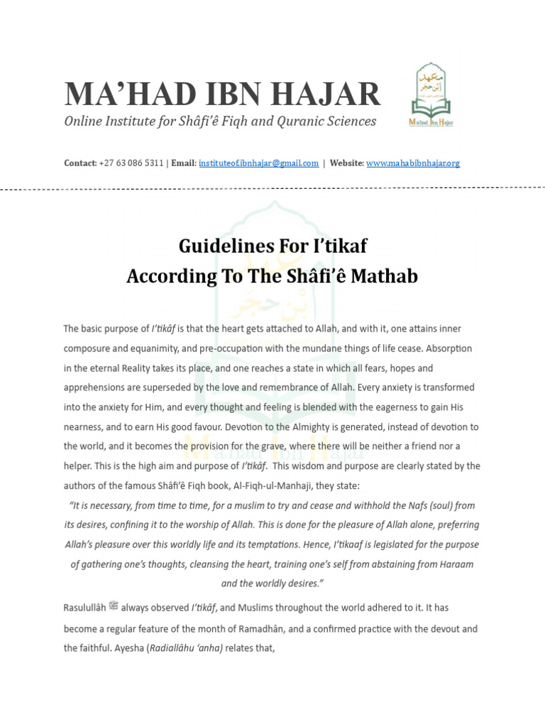 Guidelines For I'Tikaaf - Shafi'Ie Mathab Revised | PDF | Ramadan | Mosque