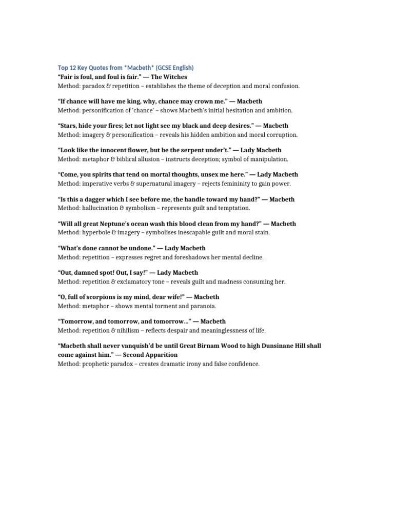 Macbeth Key Quotes | PDF