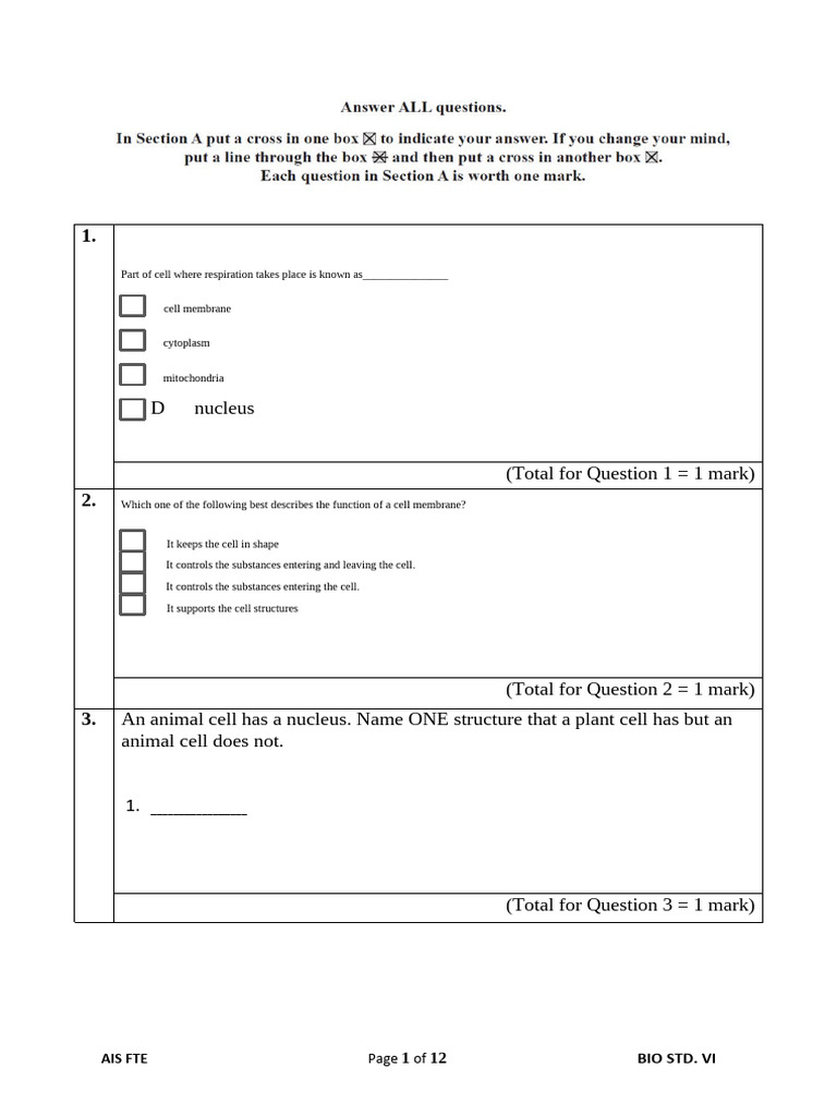 First Term QP Grade 6 Final Paper | PDF | Cell (Biology) | Taste