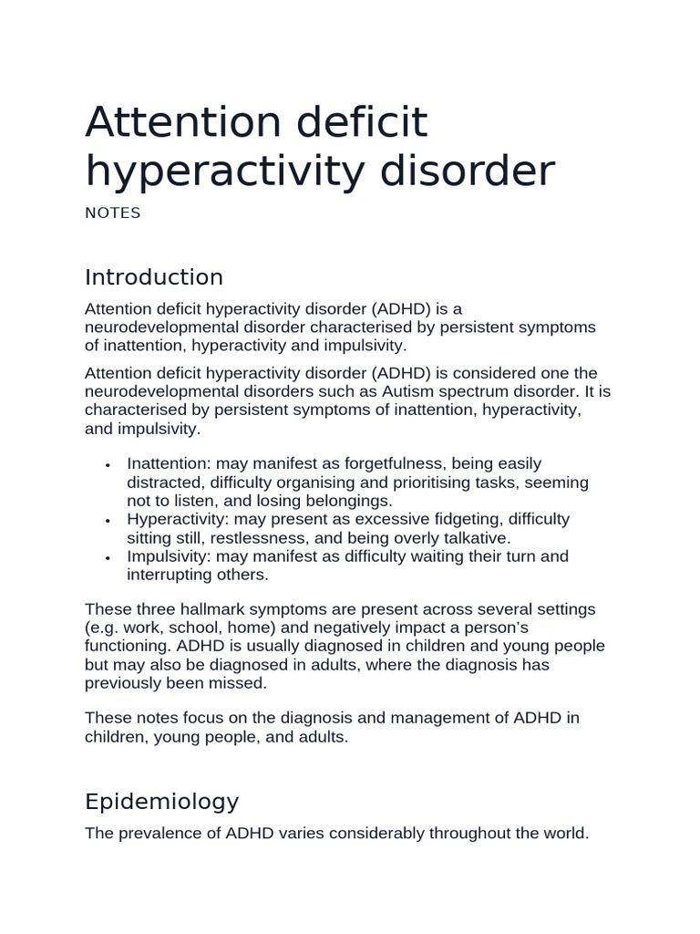 Adhd Notes | PDF | Attention Deficit Hyperactivity Disorder | Mental ...