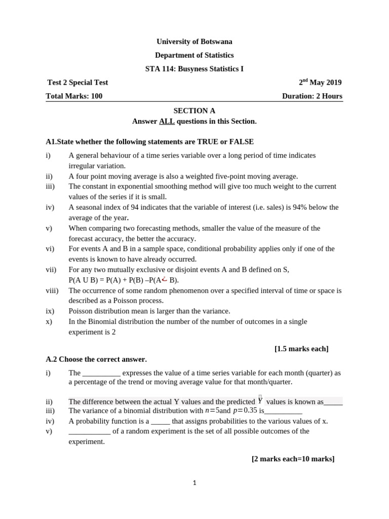 STA 114 Test 2- Special Test- 2 May 2019 | PDF | Weighted Arithmetic ...