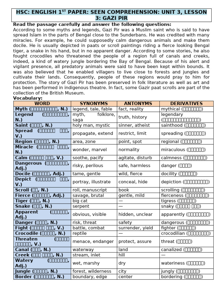 Unit 3 Lesson 3 Gazi Pir Seen Comprehension Practice Sheet | PDF
