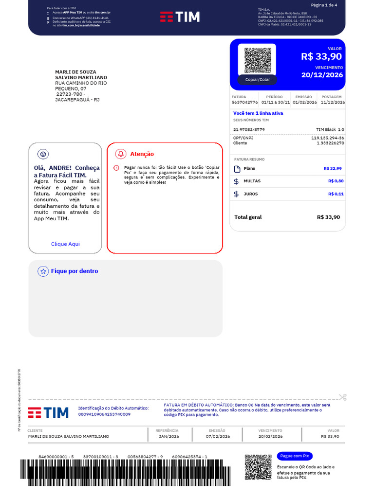 Fatura Tim - 20260314 - 134428 - 0000 | PDF | Tecnologia bancária | Bancos