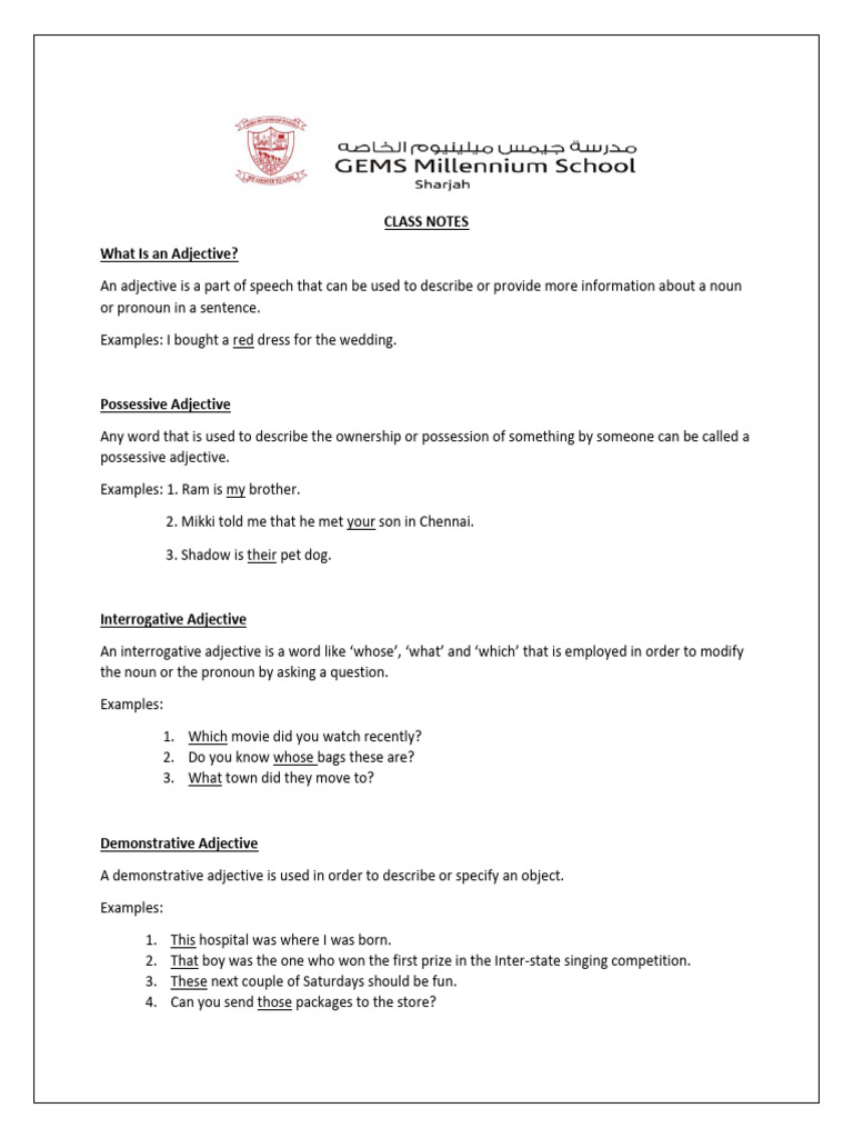 Different Kinds of Adjectives (Notes) | PDF