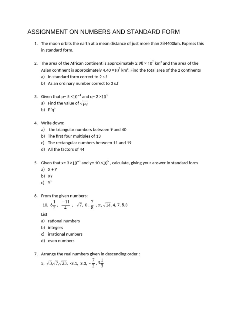 Assignment on Numbers and Standard Form | PDF