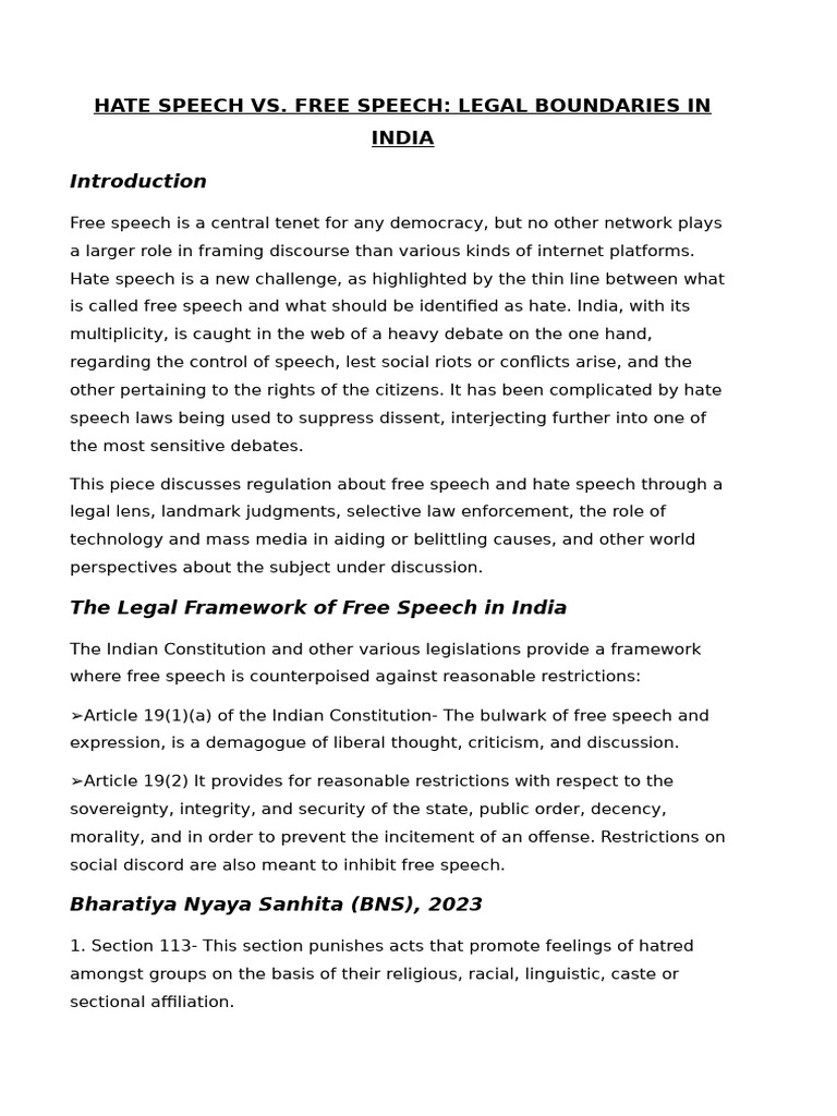 Hate Speech vs Free Speech-legal Bounderies in India | PDF | Freedom Of ...