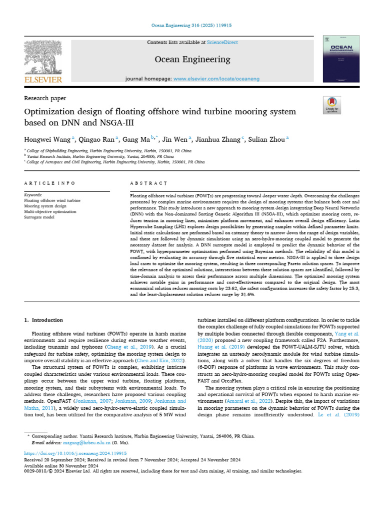 Optimization Design of Floating Offshore Wind Turbine Mooring System ...