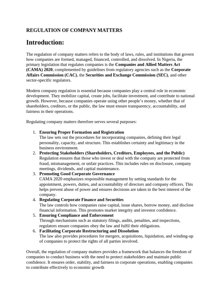 26-11-25 - Regulation of Company Matters | PDF | Corporate Governance ...