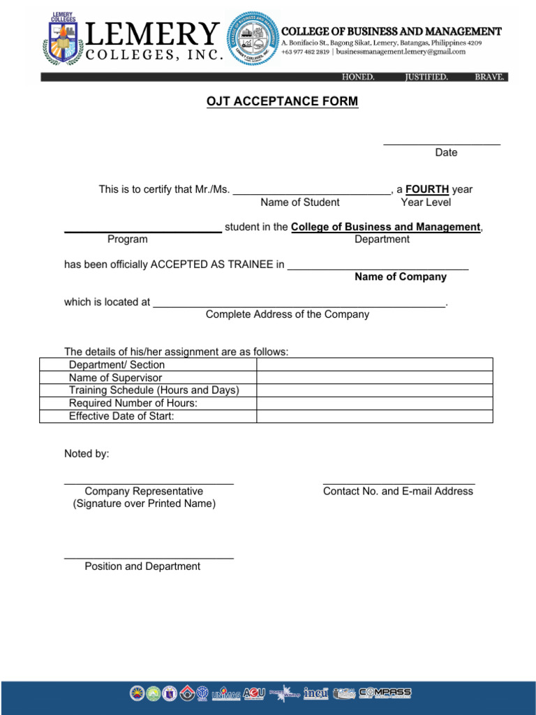 Ojt Form No. 005 Acceptance Form | PDF
