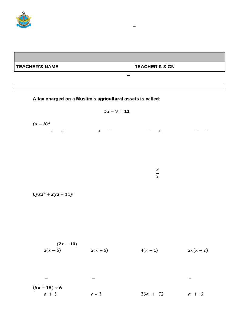 Eoy - Math (Vii) 25-26 (Ha) | PDF | Area | Elementary Mathematics