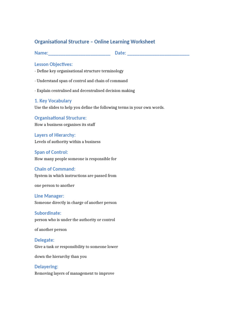 Organisational Structure Worksheet | PDF | Organizational Structure ...