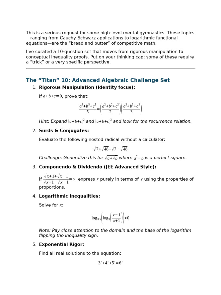 Advanced Math Olympiad & JEE Questions | PDF | Logarithm | Mathematics