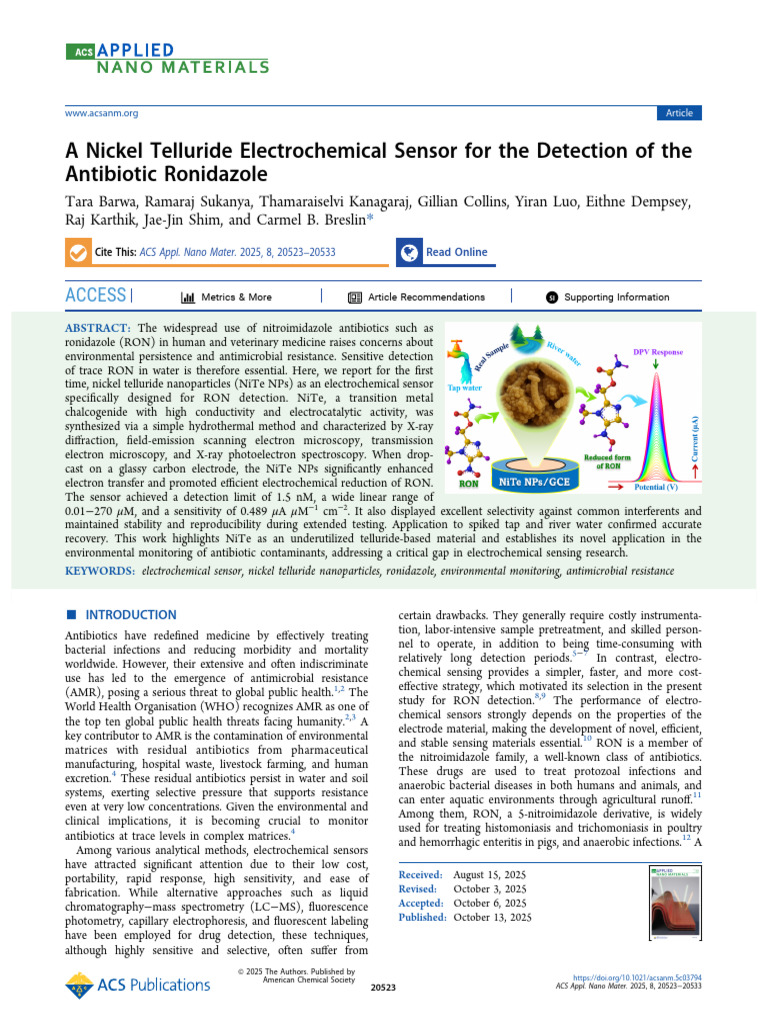 A Nickel Telluride Electrochemical Sensor for the Detection of the ...