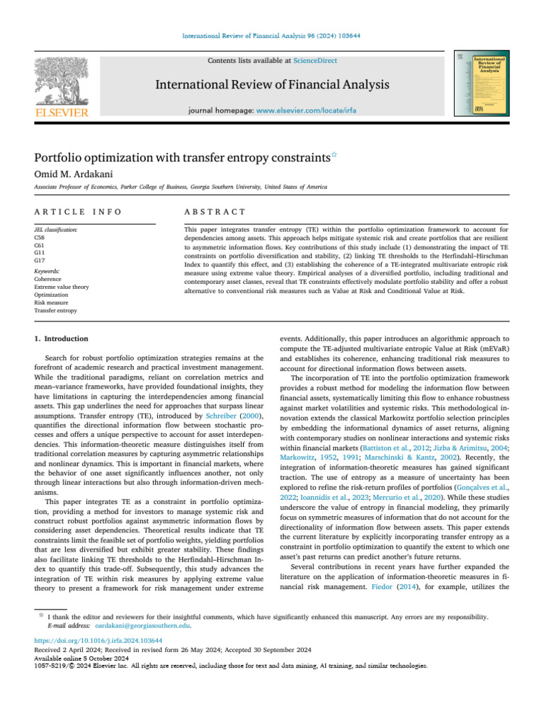 2024ArdakaniIRFA | PDF | Mathematical Optimization | Modern Portfolio ...