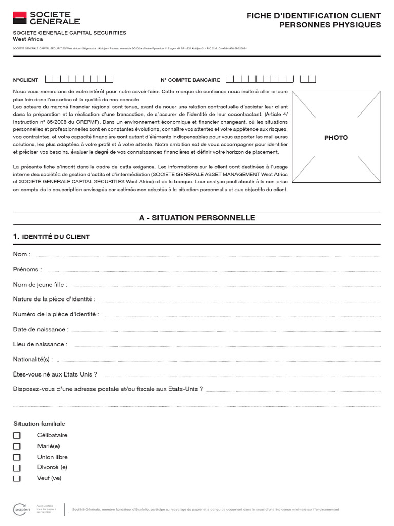 Fiche D'identification Client - Personne Physique CS | PDF | Risque ...
