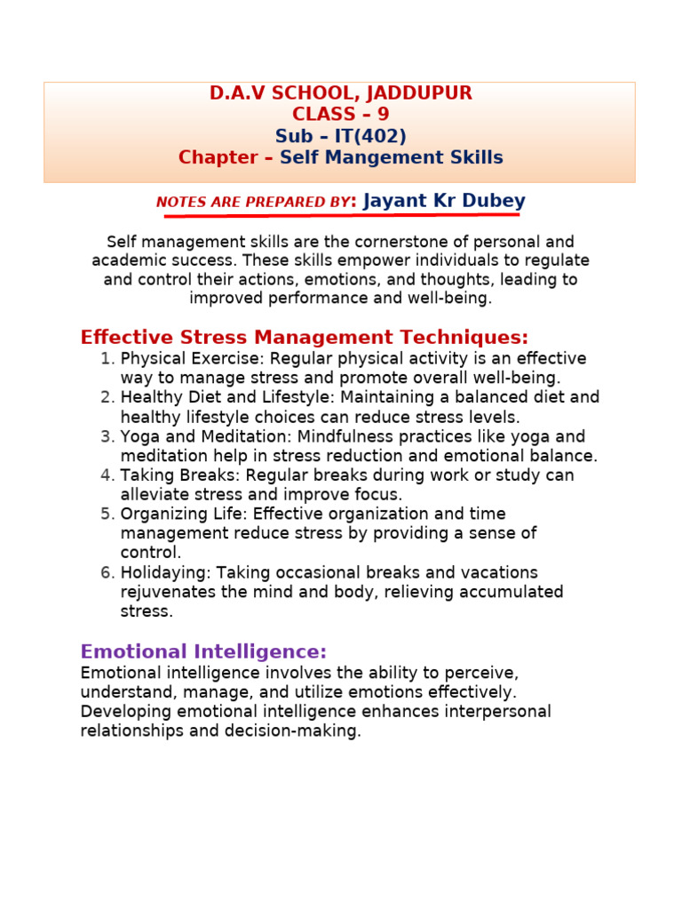 Class 9 Self Management Skills Notes | PDF | Procrastination ...