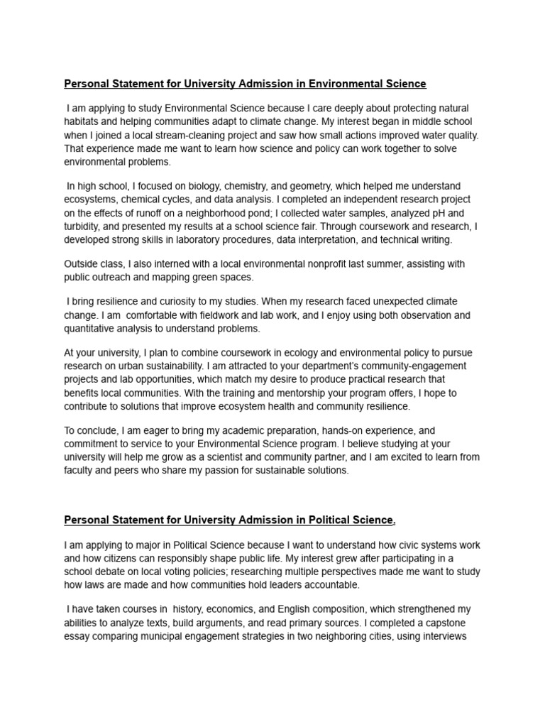 Personal Statement For University Admission - Option 1 | PDF ...