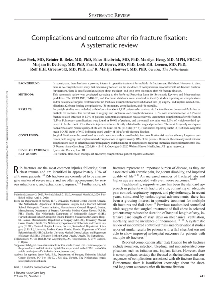 Complications and Outcome After Rib Fracture Fixation - A Systematic ...