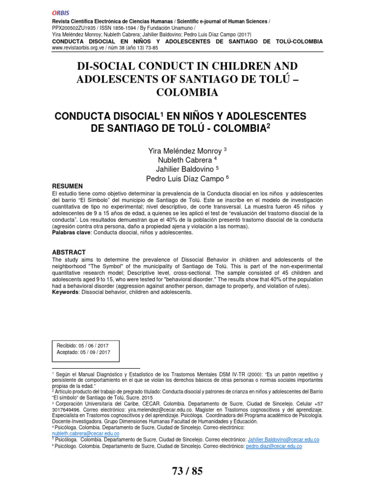 Di-Social Conduct in Children and Adolescents of Santiago de Tolú ...