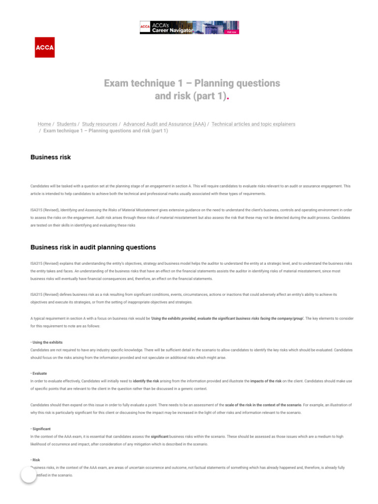 Exam Technique 1 – Planning Questions and Risk (Part 1) _ ACCA Global ...