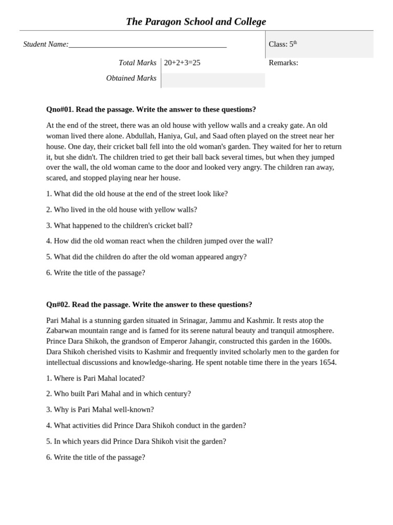The Paragon School and College: Qno#01. Read The Passage. Write The ...