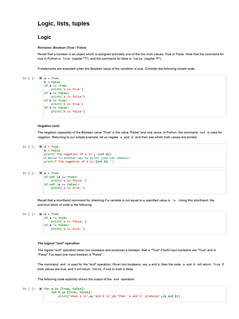 Lecture 8 - Logic, Lists, Tuples(1) | PDF | Boolean Data Type | Mathematics