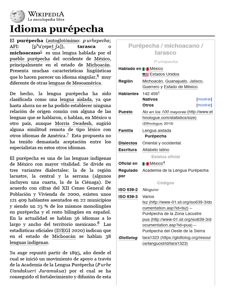 Idioma Purépecha (Wikipedia) | PDF | Lingüística | Idiomas