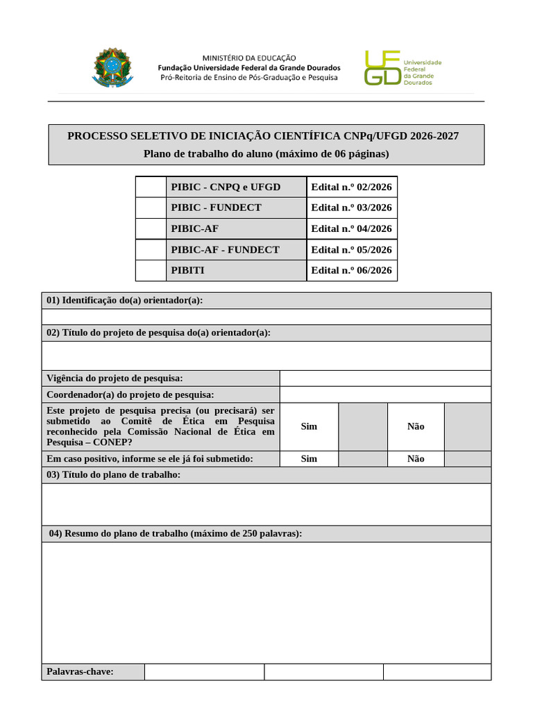 Plano de Trabalho de IC CNPq-UFGD-fundect - 2026 - 2027 | PDF
