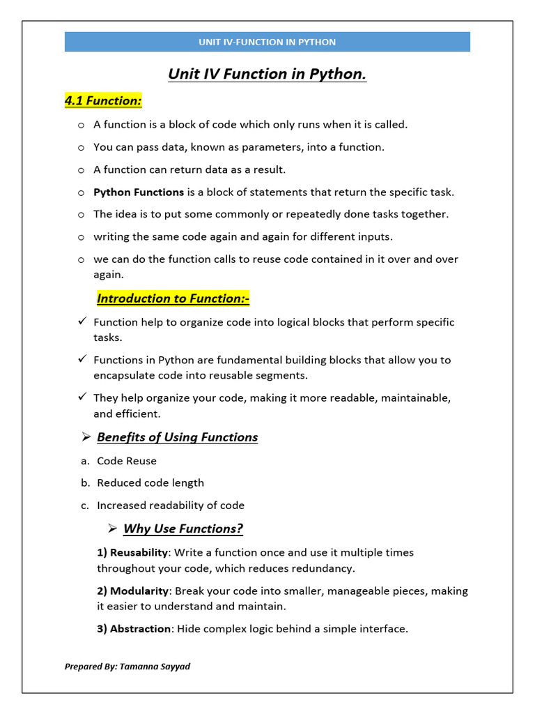 Unit IV Function in Python (STS) | PDF | Parameter (Computer ...