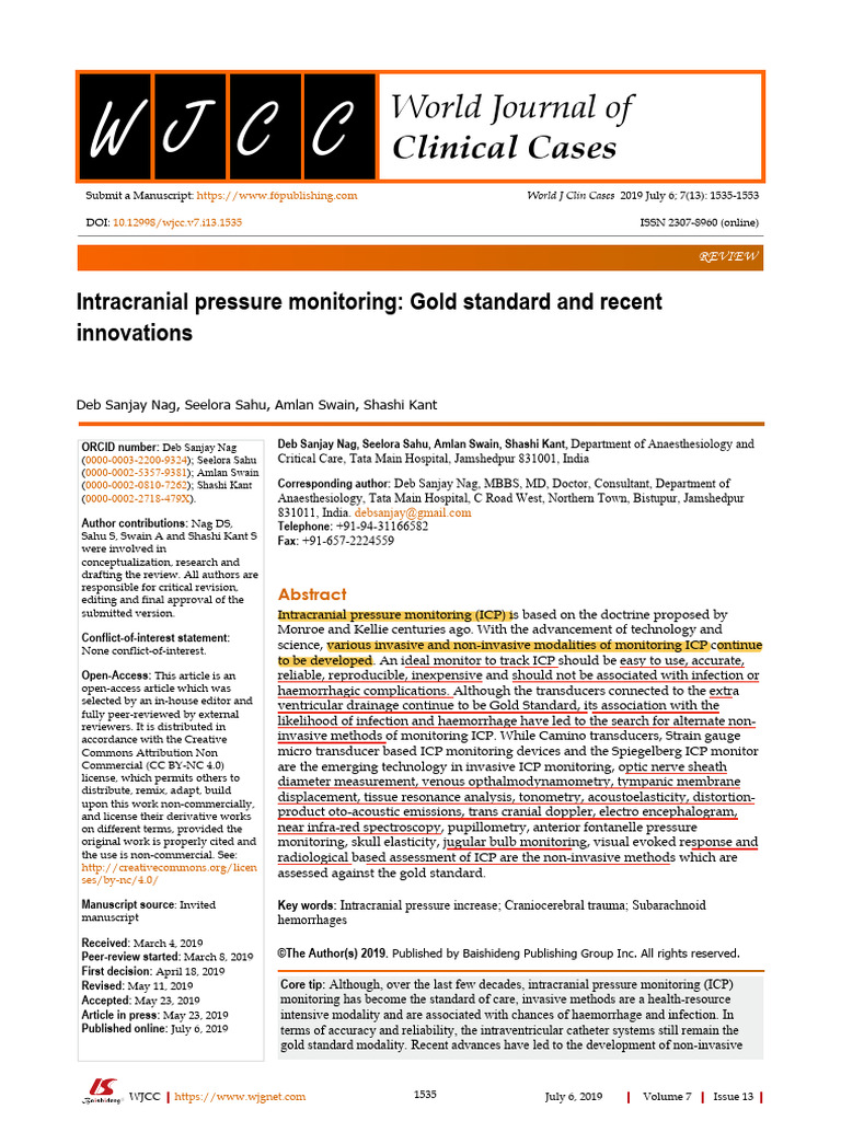 ICP Monitoring | PDF | Traumatic Brain Injury | Clinical Medicine