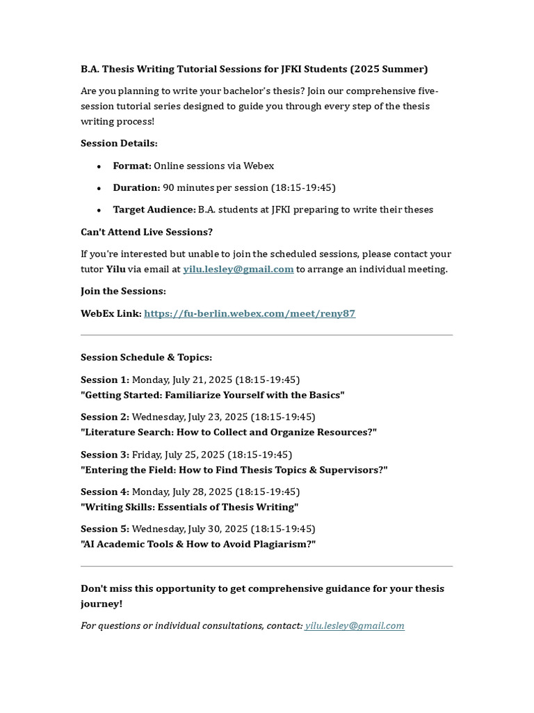 B.a. Thesis Writing Tutorial Sessions for JFKI Students (2025 Summer) | PDF