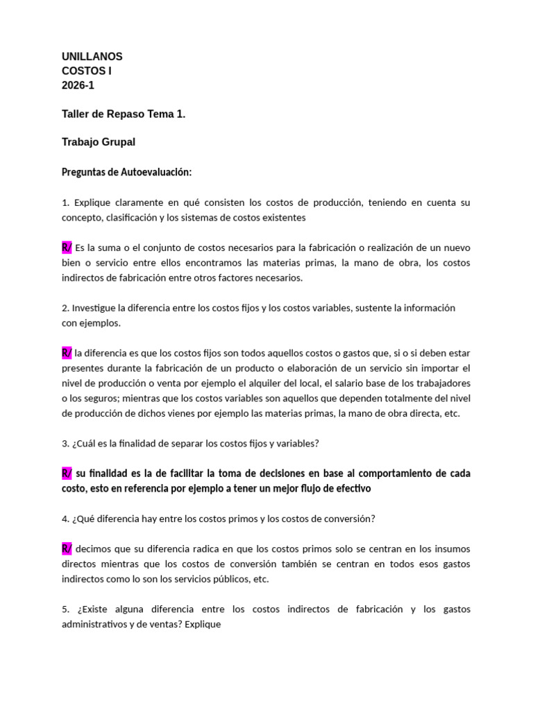 Taller de Repaso Tema 1 2026-1 | PDF | Business | Costo