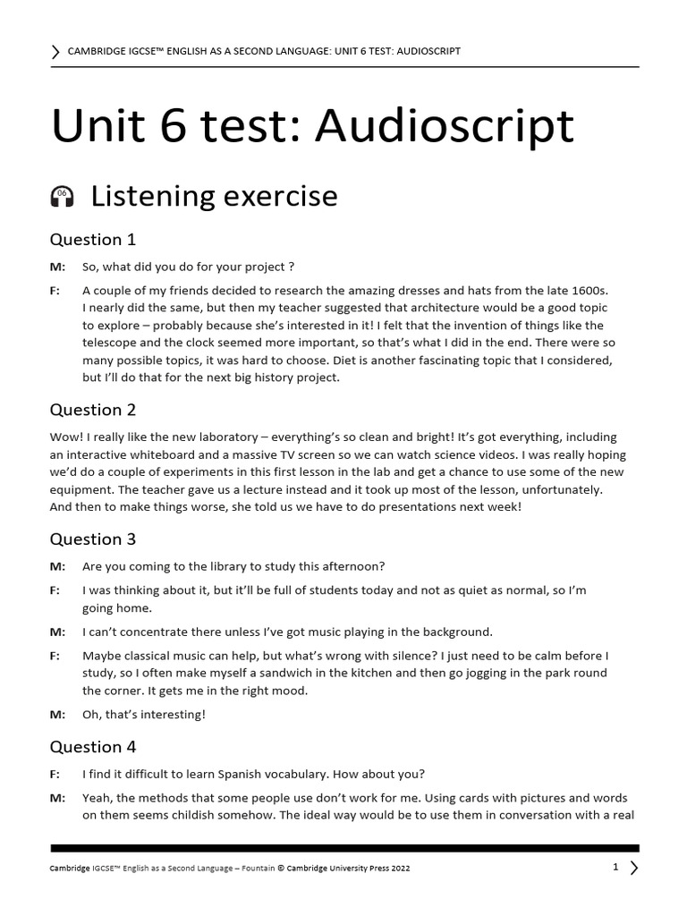 Igcse Esl 6ed TR Unit6 Test Audioscript | PDF