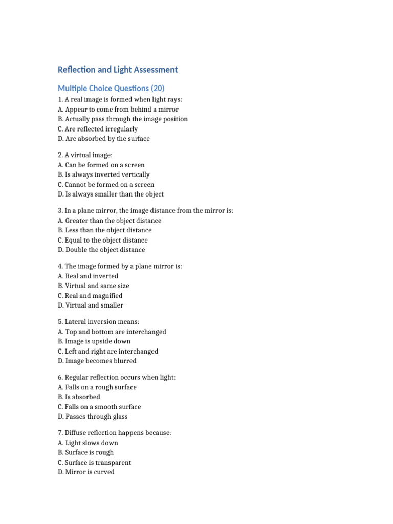Reflection Light Questions | PDF | Reflection (Physics) | Mirror