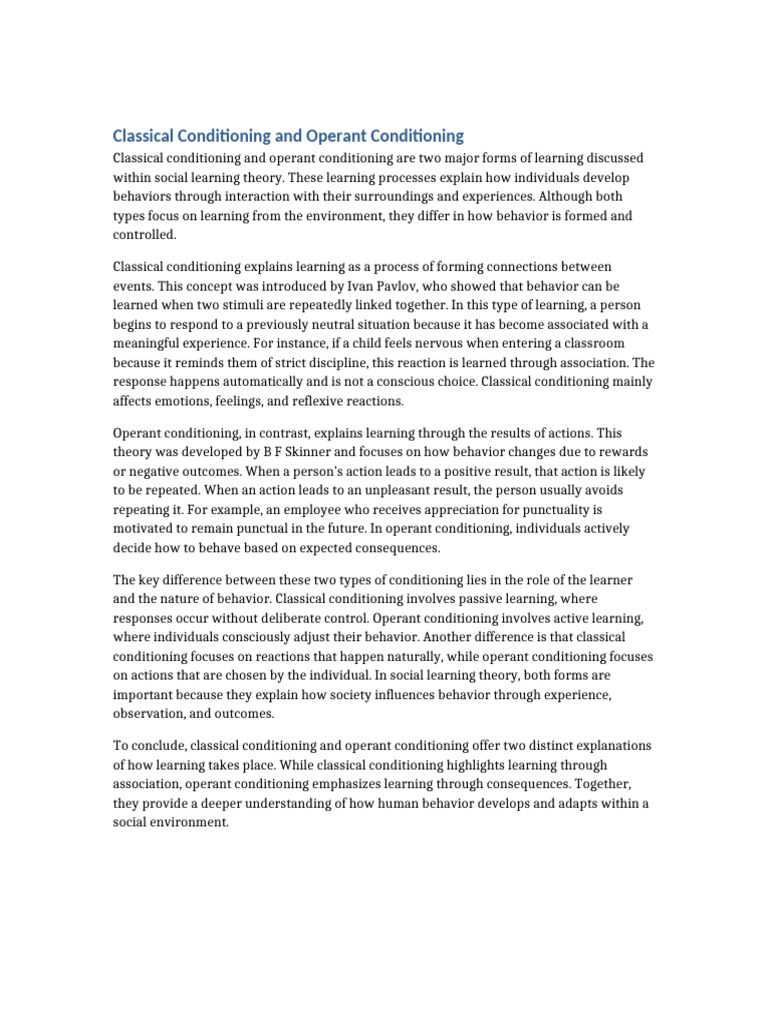Classical vs Operant Conditioning Assignment | PDF | Learning ...