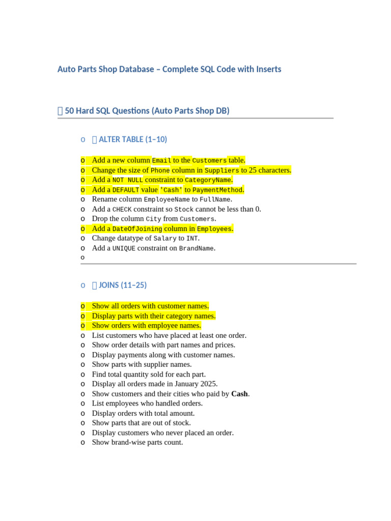 Auto Parts Shop Database With Inserts | PDF | Computing | Data
