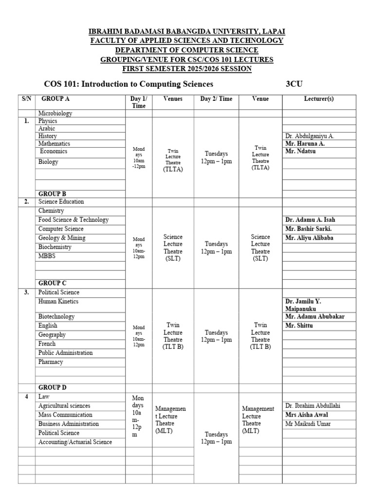 Updated Csc_cos 101 Lecture Schedule | PDF | Natural Sciences ...