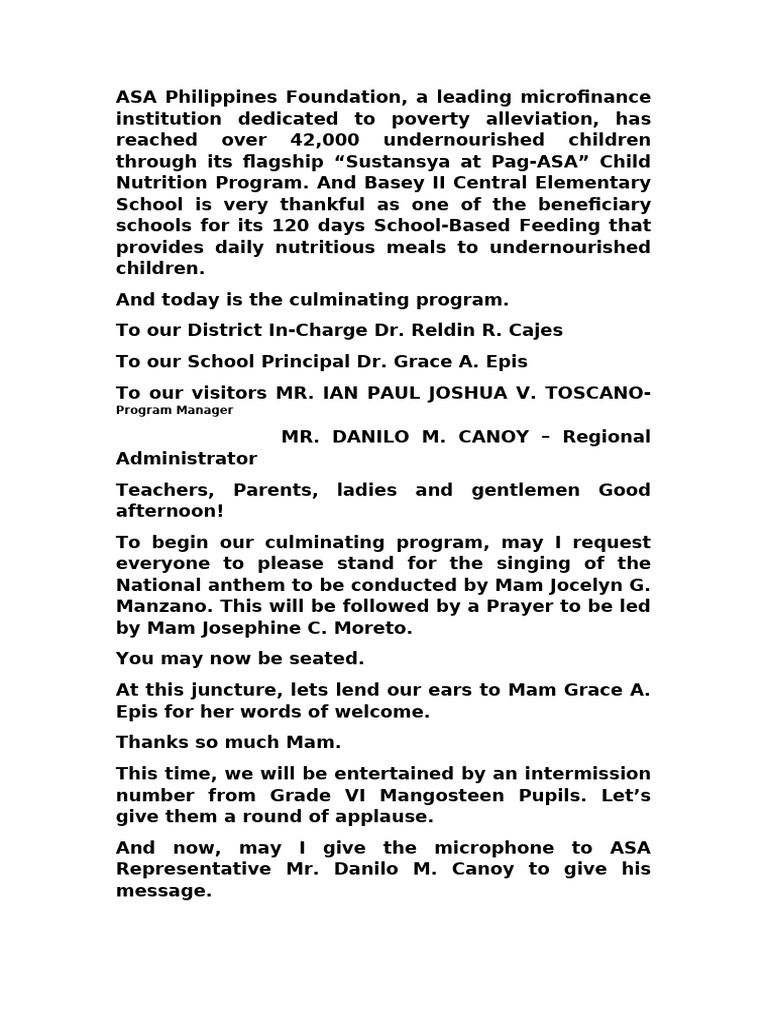 Asa Feeding Closing Program Emcee Script | PDF
