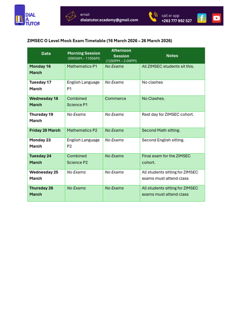 ZIMSEC Mock Exam Timetable March 2026 | PDF