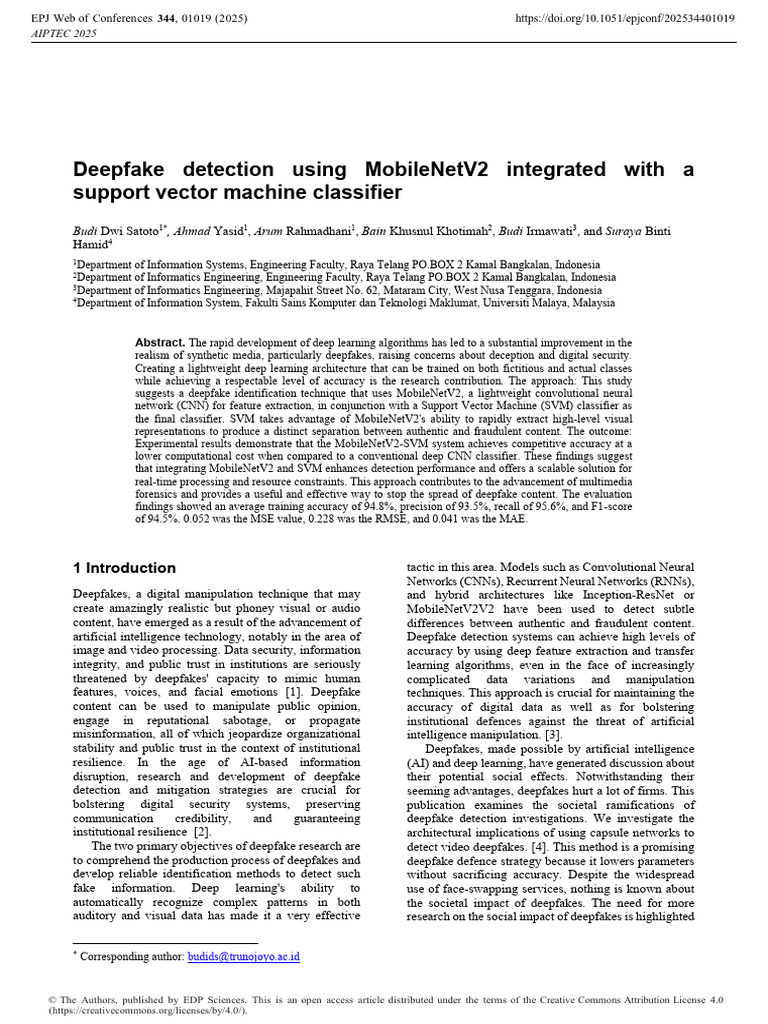 Deepfake Detection Using MobileNetV2 Integrated Wi | PDF | Support ...