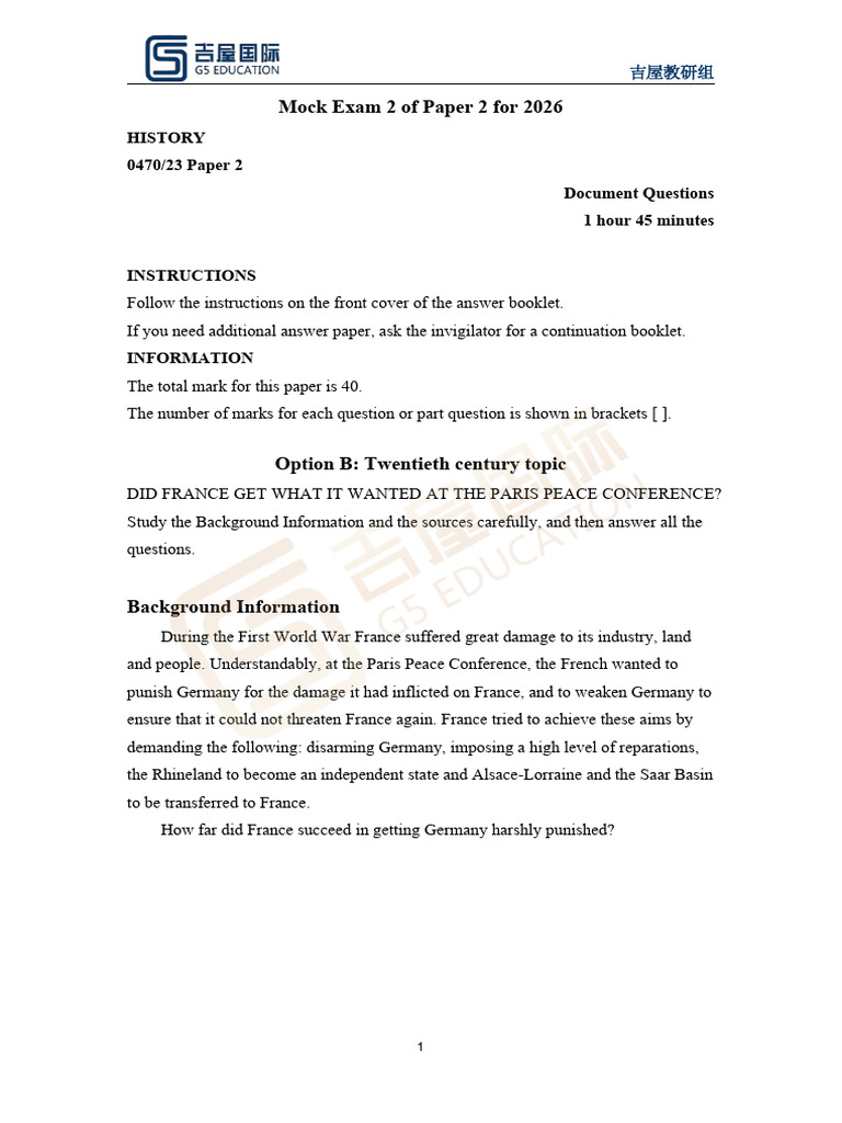 Mock Exam 2 of Paper 2 for 2026 - 副本 | PDF | World War I Reparations ...