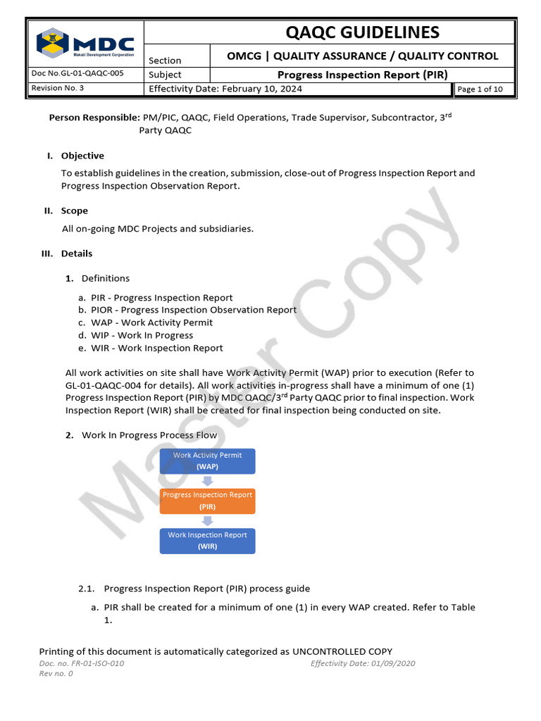 GL 01 QAQC 005 Rev.3 Progress Inspection Report (PIR) | PDF