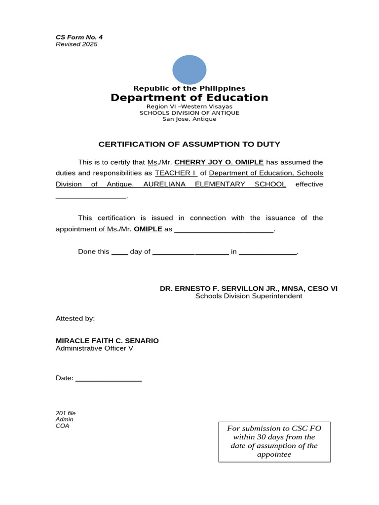 CS Form No. 4 Revised 2025 Certification of Assumption To Duty 2 | PDF